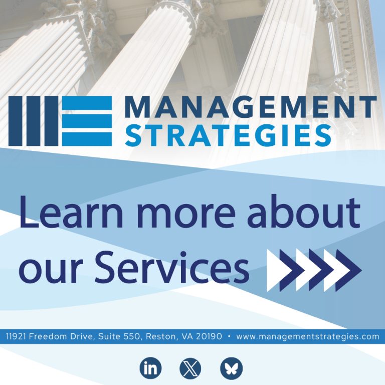 Graphic publication for "Management Strategies" featuring the company logo, the message "Learn more about our Services" with three arrow icons pointing right, and the address "11921 Freedom Drive, Suite 550, Reston, VA 20190." The website URL www.managementstrategies.com