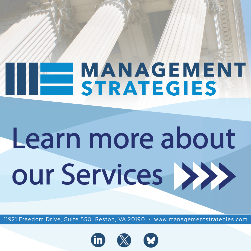 Graphic publication for "Management Strategies" featuring the company logo, the message "Learn more about our Services" with three arrow icons pointing right, and the address "11921 Freedom Drive, Suite 550, Reston, VA 20190." The website URL www.managementstrategies.com