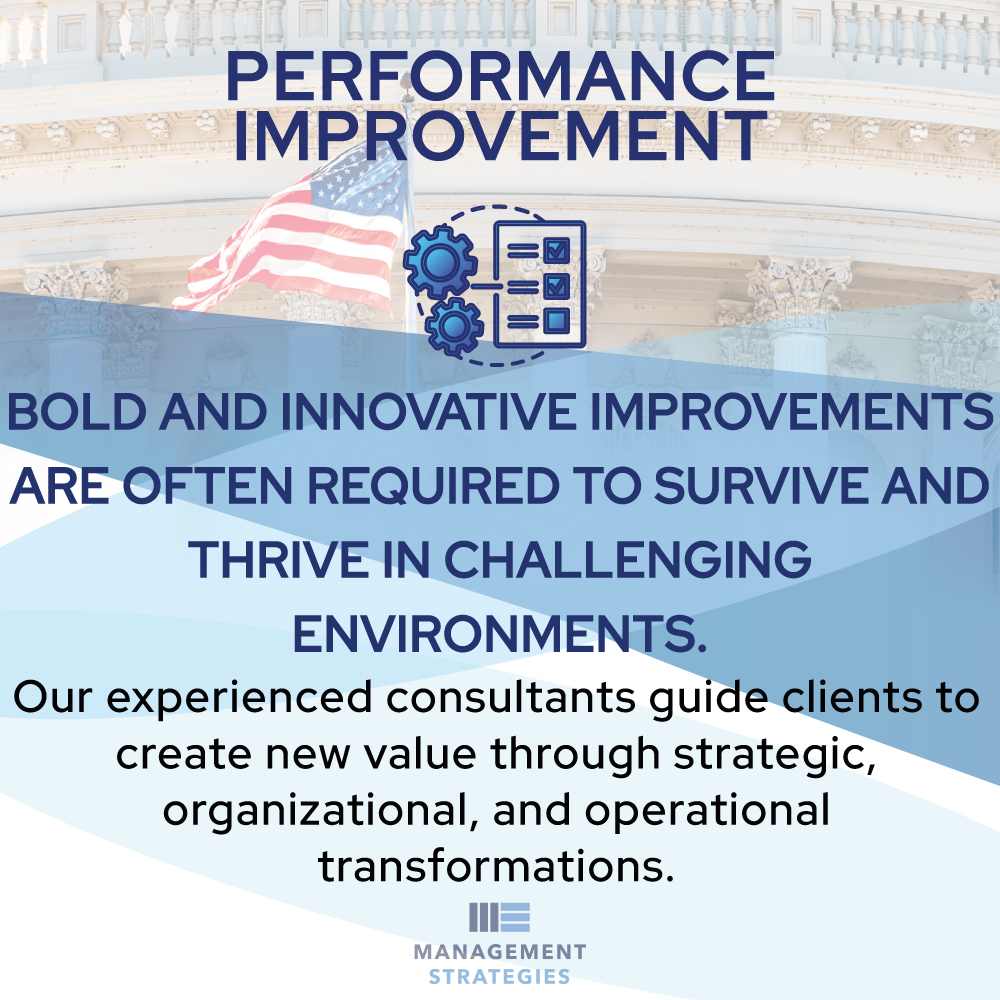 Graphic titled “Communications & Change Management” over a Capitol building backdrop with subtext: “Organizational changes are often necessary and difficult to navigate.” Below: “We develop proactive, vision‑based strategies that ensure stakeholders are informed and engaged, delivering sustainable change and lasting results.” Management Strategies logo at bottom.