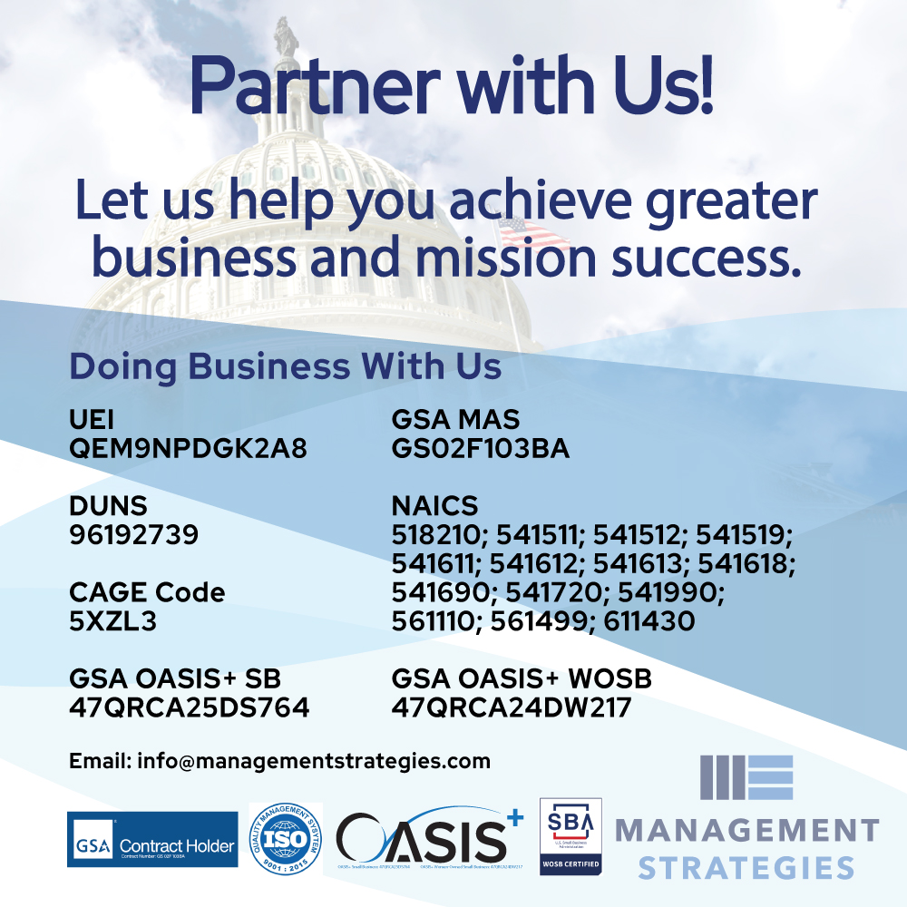 A publication‑style graphic showing a softly faded image of the U.S. Capitol dome in the background, overlaid with bold text at the top reading “Partner with Us!” Underneath it, a large subtitle says “Let us help you achieve greater business and mission success.” Below that is a semi‑transparent blue overlay titled “Doing Business With Us” listing business identifiers